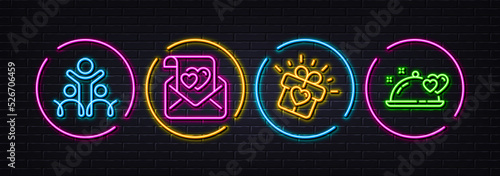 Love gift, Love letter and Inclusion minimal line icons. Neon laser 3d lights. Romantic dinner icons. For web, application, printing. Heart present, Valentine mail, Equity justice. Vector