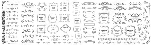 Calligraphic design elements . Decorative swirls or scrolls, vintage frames , flourishes, labels and dividers. Retro vector illustration photo
