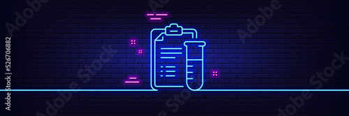 Neon light glow effect. Medical analyzes line icon. Medicine beaker sign. Pharmacy medication symbol. 3d line neon glow icon. Brick wall banner. Medical analyzes outline. Vector