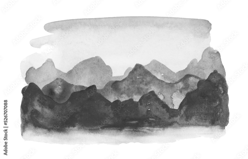 Fototapeta premium Landscape with mountains. Traditional Japanese ink painting sumi-e. Contains hieroglyphs - peace, tranquility, clarity
