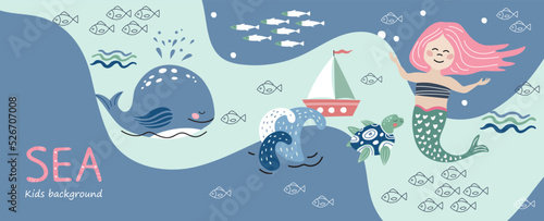 Funny cartoon mermaid, whale, sailboat, turtle and sea waves. Vector illustration. Children's print. Template for children's cards.