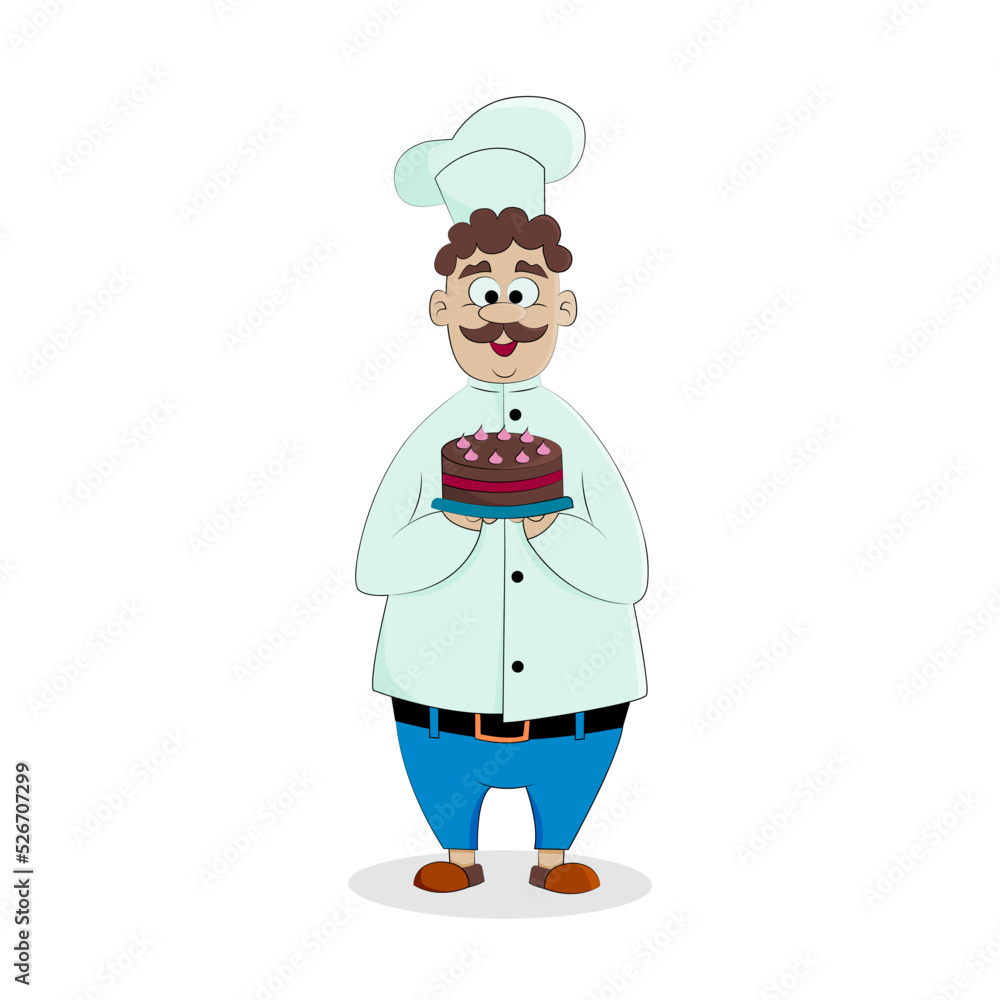 A cheerful chef carrying a cake in a tunic and cap. Isolated vector illustration in cartoon style. A cheerful chef carrying a cake in a tunic and cap. Isolated vector illustration in cartoon style.