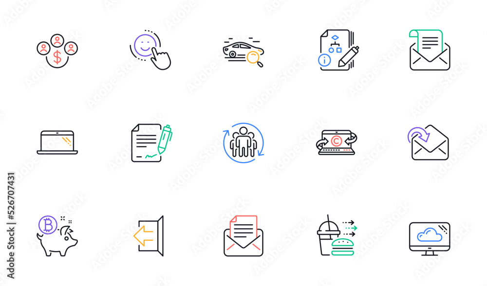 Search car, Algorithm and Smile line icons for website, printing. Collection of Copywriting notebook, Laptop, Receive mail icons. Mail newsletter, Cloud storage, Food delivery web elements. Vector