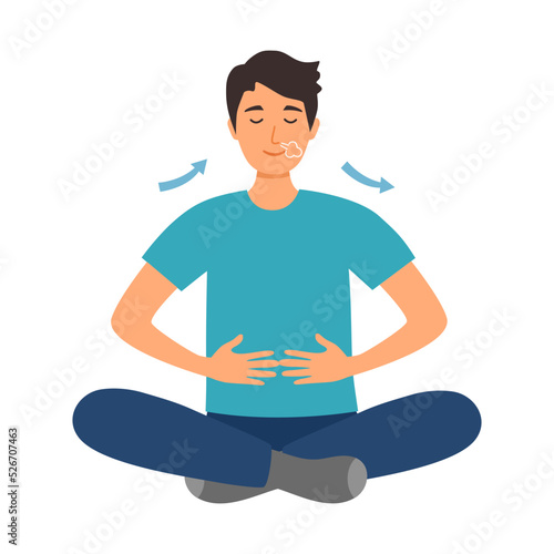 Man practicing breathing exercise in flat design on white background.
