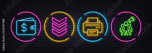 Printer, Shoulder strap and Dollar wallet minimal line icons. Neon laser 3d lights. Brand ambassador icons. For web, application, printing. Printing device, Army rank, Cash money. Megaphone. Vector