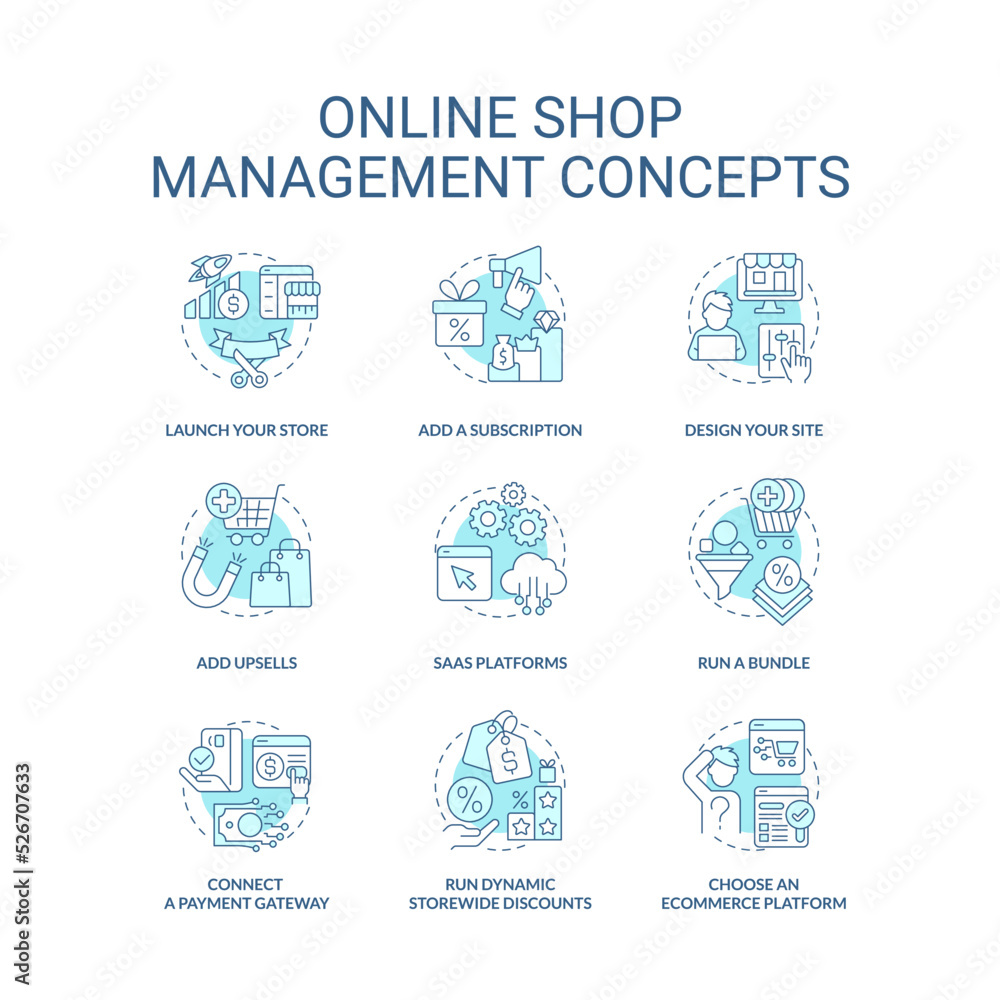 Online shop management turquoise concept icons set. Marketing techniques. Ecommerce idea thin line color illustrations. Isolated symbols. Editable stroke. Roboto-Medium, Myriad Pro-Bold fonts used Online shop management turquoise concept icons set. Marketing techniques. Ecommerce idea thin line color illustrations. Isolated symbols. Editable stroke. Roboto-Medium, Myriad Pro-Bold fonts used