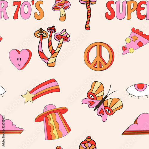 Retro seamless pattern with mushrooms, peace signs, hearts, butterflies. Groovy retro seamless pattern. Groovy nostalgic seamless background for textile