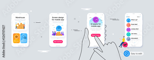 Outline set of Volunteer, Vaccination schedule and Coronavirus line icons for web application. Phone ui interface. Include Quarantine, Eye target, Face id icons. Medical mask, People insurance. Vector