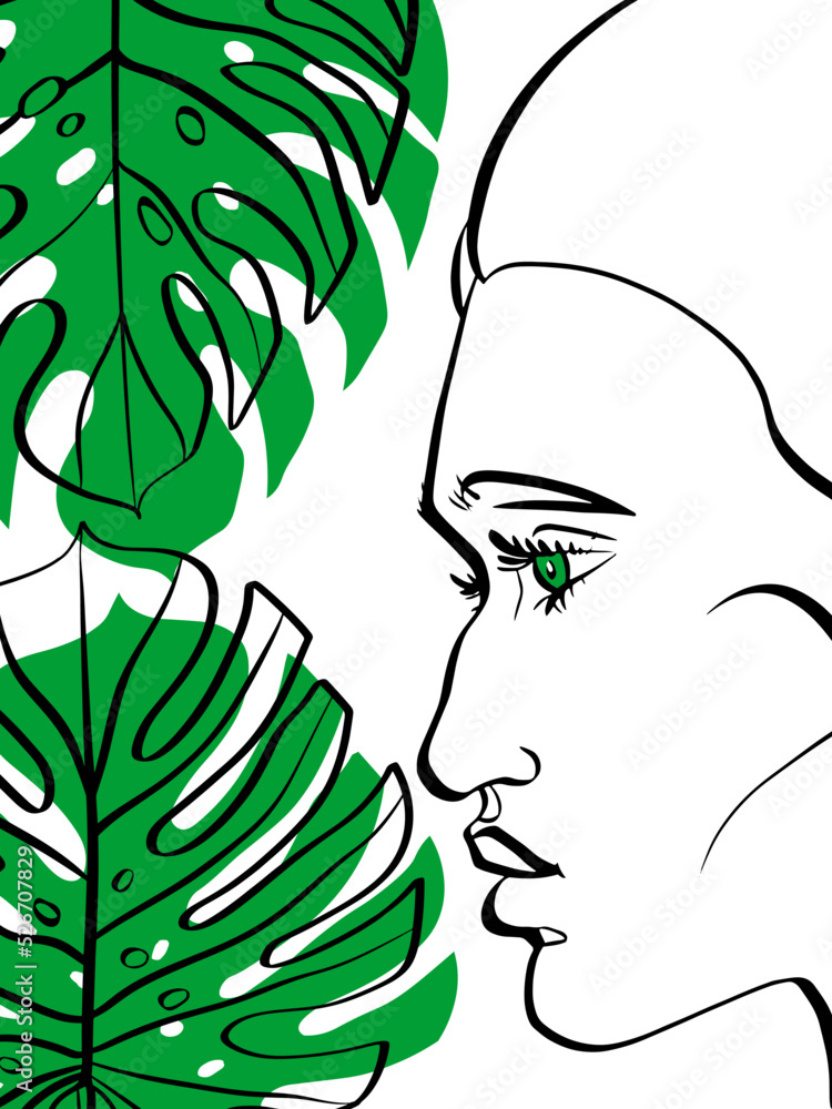 Vector woman's portrait with green monstera leaf. Tropic fashion illustration. 