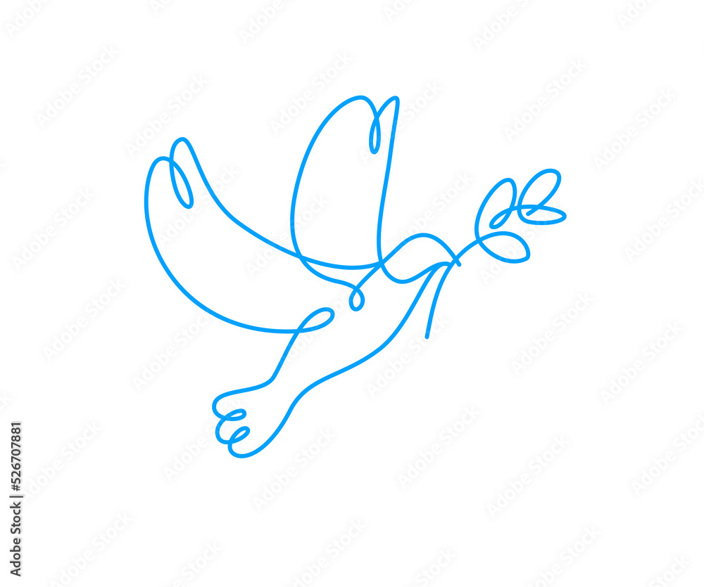 Peace dove with olive branch vector line art illustration isolated, flying bird symbol of peace and freedom, linear drawing.