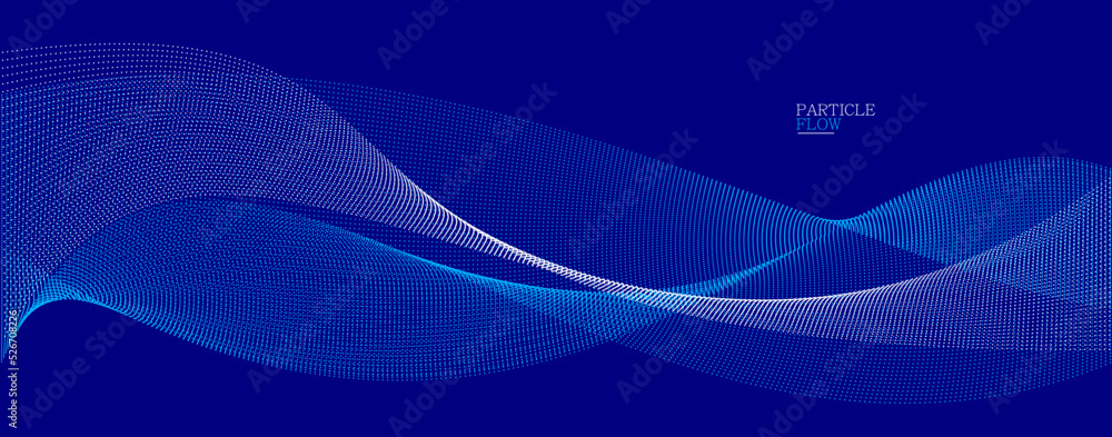 Dark blue abstract background, vector wave of flowing particles, curvy lines of dots in motion, technology and science theme, airy and ease futuristic illustration. Dark blue abstract background, vector wave of flowing particles, curvy lines of dots in motion, technology and science theme, airy and ease futuristic illustration.