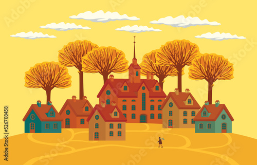 Autumn landscape with cute colored houses on an orange hill, yellowed trees and clouds in the blue sky. Decorative fall vector illustration in flat style