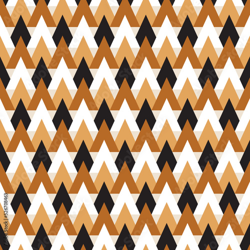 Seamless geometric pattern on beige with brown, black and white triangles. Perfect for bedding, tablecloth, oilcloth or scarf textile design.