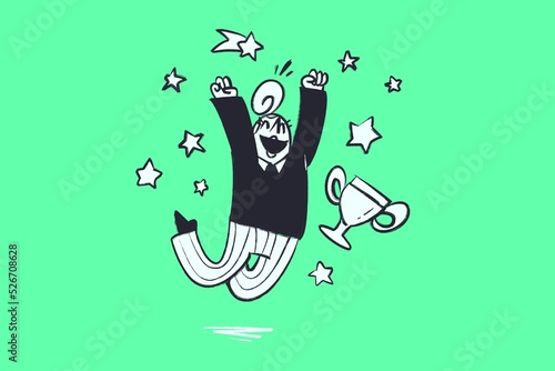 Illustration of a woman jumping for reaching success, stars, cup, trophy, reward - Comic illustration in cartoon funny style