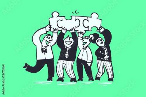 Employees performing team building activity, help, support each other to solve problems - Comic illustration in cartoon funny style