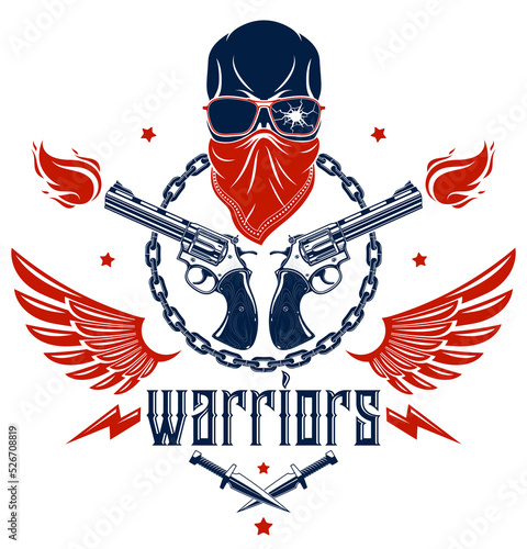 Revolution and Riot wicked emblem or logo with aggressive skull, weapons and different design elements , vector tattoo, anarchy and chaos, rebel partisan and revolutionary.