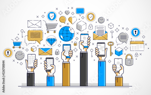Internet communication and activity, people hands holding phones and using apps, global network, modern communication, messenger or social media concept, vector design.