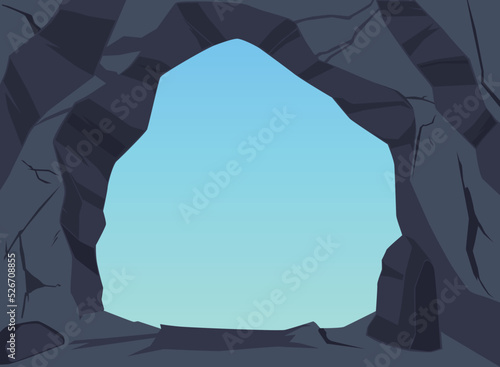 Dark gray stone cave entrance with blue sky view, landscape flat style