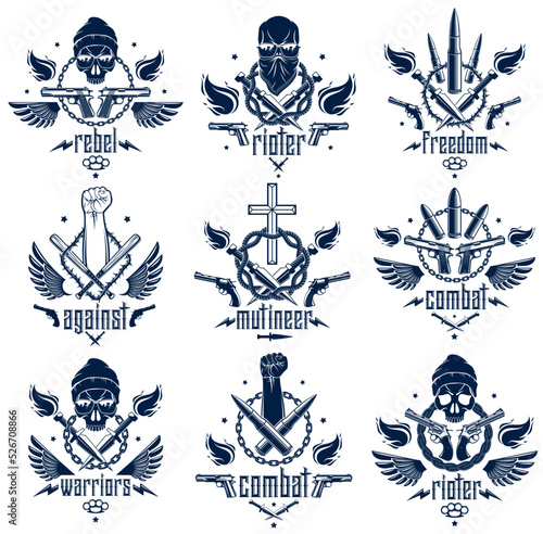 Revolution and Riot aggressive emblem or logo with strong clenched fist, aggressive skull, bullets and guns, weapons and different design elements , vector tattoo, rebel and revolutionary.