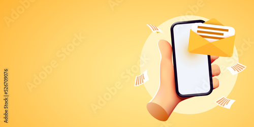 Hand holding mobile smart phone with mail app. Mail service concept.