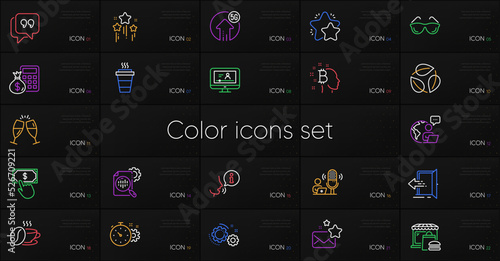 Set of Finance calculator, Online video and Seo stats line icons. Include Cogwheel timer, Quote bubble, Takeaway icons. Entrance, Stars, Food market web elements. Champagne glasses, Star. Vector