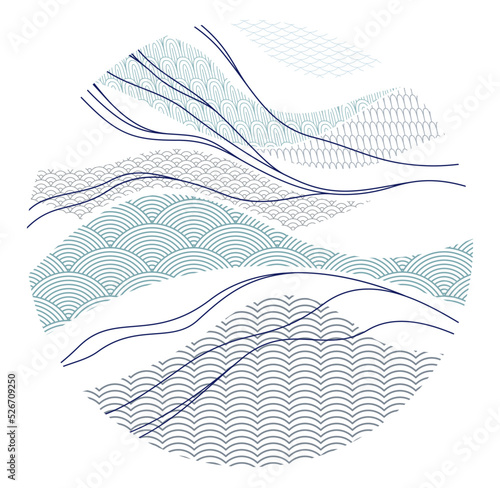 Nature art oriental Japanese style vector abstract background in a shape of circle, runny like water shapes and lines with textures.