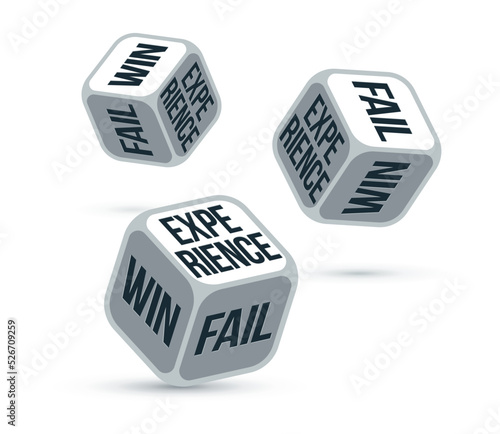 Win or fail or experience dice rolling vector illustration, getting new experience in life concept.
