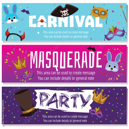 Set of colorful website banner templates about carnival and masquerade party flat style