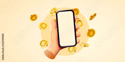 Easy online payments concept with cartoon 3D hand, phone and coin, Business and money. Online earnings.