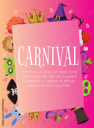 Carnival kids party invitation poster with copy space for text, flat vector illustration.