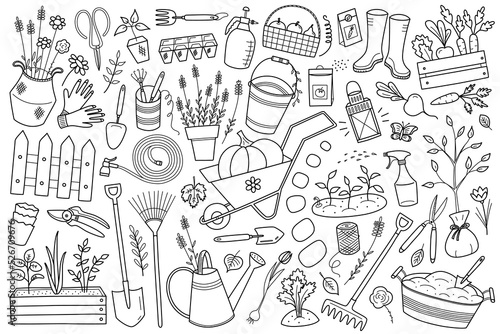 Garden equipment collection, doodle icons of plants and gardening tools, wheelbarrow, soil, flowerpots, agricultural set of vector illustrations, isolated outline clipart on white background
