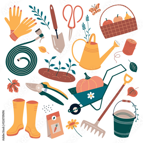Garden tools collection, doodle icons of equipment for gardening and farming, wheelbarrow, secateurs, watering can, set of tools for horticulture, isolated colored clipart on white background
