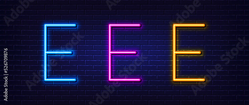 Initial letter E icon. Neon light line effect. Line typography character sign. Large first font letter. Glowing neon light element. Letter E glow 3d line. Brick wall banner. Vector