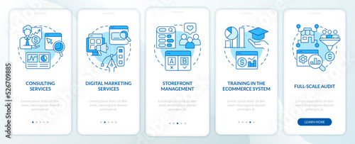 Online shop management services blue onboarding mobile app screen. Walkthrough 5 steps editable graphic instructions with linear concepts. UI, UX, GUI template. Myriad Pro-Bold, Regular fonts used