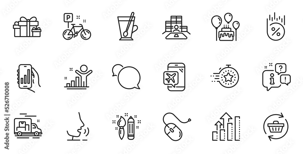 Outline set of Creativity, Cake and Analysis graph line icons for web application. Talk, information, delivery truck outline icon. Include Messenger, Tea mug, Computer mouse icons. Vector