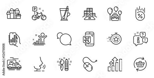 Outline set of Creativity, Cake and Analysis graph line icons for web application. Talk, information, delivery truck outline icon. Include Messenger, Tea mug, Computer mouse icons. Vector