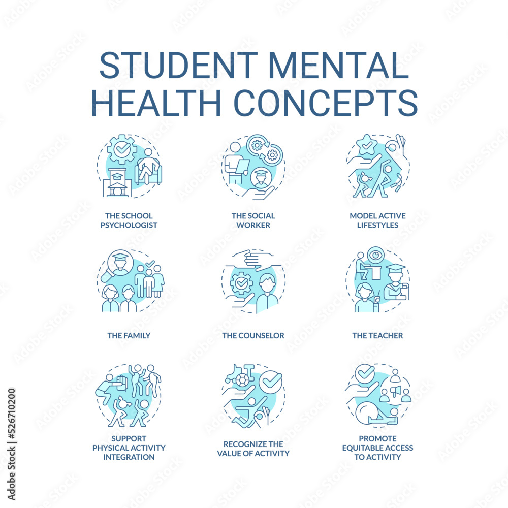 Student mental health turquoise concept icons set. Physical activity and nutrition idea thin line color illustrations. Isolated symbols. Editable stroke. Roboto-Medium, Myriad Pro-Bold fonts used Student mental health turquoise concept icons set. Physical activity and nutrition idea thin line color illustrations. Isolated symbols. Editable stroke. Roboto-Medium, Myriad Pro-Bold fonts used