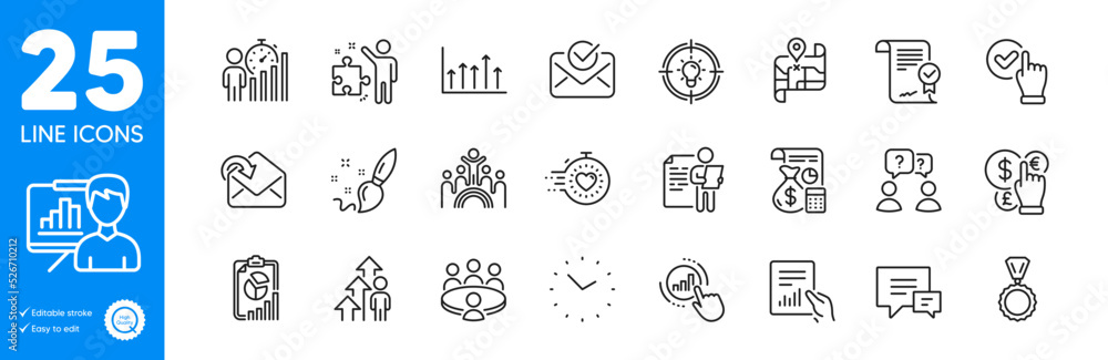 Outline icons set. Inclusion, Receive mail and Money currency icons. Time, Business statistics, Comment web elements. Map, Meeting, Timer signs. Document, Idea, Paint brush. Checkbox. Vector Outline icons set. Inclusion, Receive mail and Money currency icons. Time, Business statistics, Comment web elements. Map, Meeting, Timer signs. Document, Idea, Paint brush. Checkbox. Vector