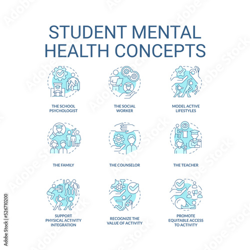 Student mental health turquoise concept icons set. Physical activity and nutrition idea thin line color illustrations. Isolated symbols. Editable stroke. Roboto-Medium, Myriad Pro-Bold fonts used