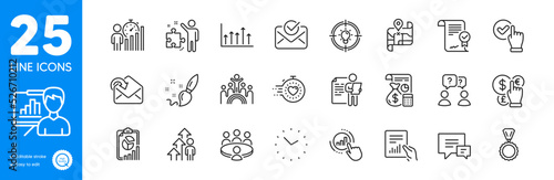 Outline icons set. Inclusion, Receive mail and Money currency icons. Time, Business statistics, Comment web elements. Map, Meeting, Timer signs. Document, Idea, Paint brush. Checkbox. Vector