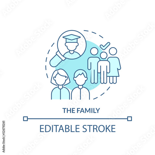 Family turquoise concept icon. Asking about student mental health abstract idea thin line illustration. Caregivers role. Isolated outline drawing. Editable stroke. Arial, Myriad Pro-Bold fonts used