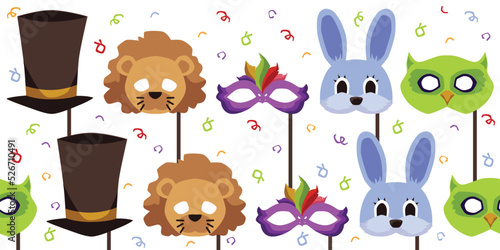 Horizontal seamless border with children carnival masks and hats flat style