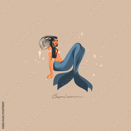 Hand drawn vector abstract graphic astrology illustration with modern, contemporary print template of boho zodiac sign Capricorn.Zodiac adult female character design.Fashion magic symbol concept.