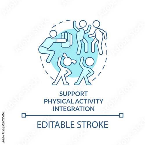 Support physical activity integration turquoise concept icon. School preparedness abstract idea thin line illustration. Isolated outline drawing. Editable stroke. Arial, Myriad Pro-Bold fonts used