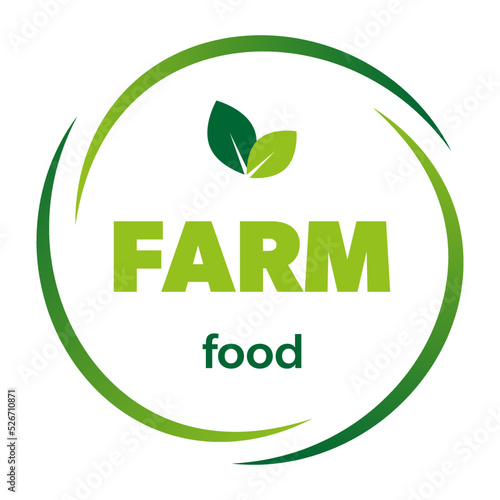Farm food label, sticker, badge and logo. Farm food icon. Logo template with green leaves for farm food. Vector illustration.