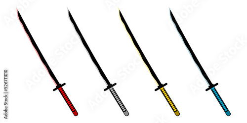 Set katana sword samurai ronin weapon japanese style red gray yellow and blue flat vector icon design.