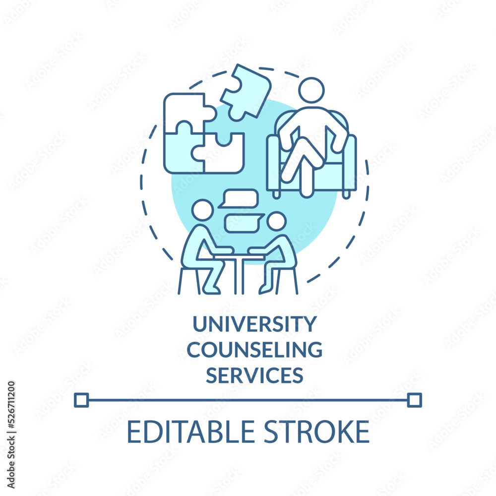 University counseling services turquoise concept icon. Where to get help abstract idea thin line illustration. Isolated outline drawing. Editable stroke. Arial, Myriad Pro-Bold fonts used University counseling services turquoise concept icon. Where to get help abstract idea thin line illustration. Isolated outline drawing. Editable stroke. Arial, Myriad Pro-Bold fonts used