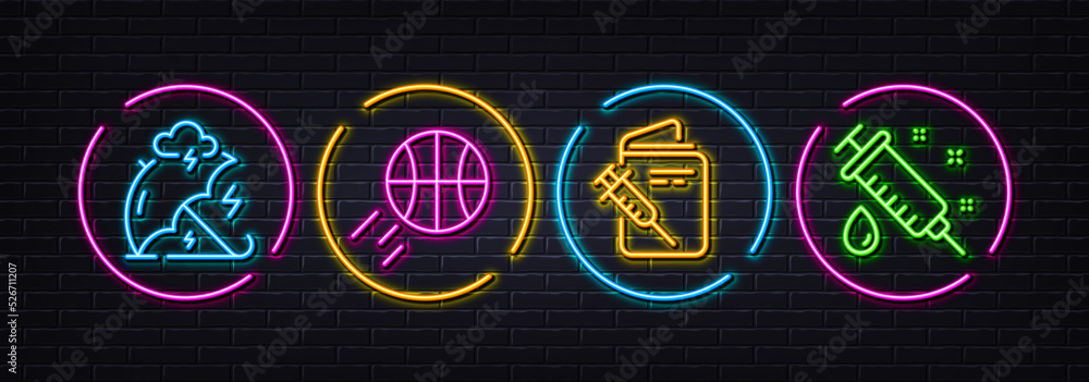 Vaccination passport, Basketball and Stress protection minimal line icons. Neon laser 3d lights. Medical syringe icons. For web, application, printing. Vector