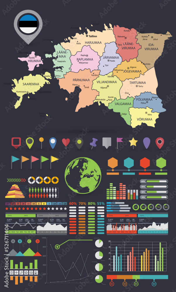 Estonia Map Infographic Template design. Dark set Estonia Map Infographic Template design. Dark set