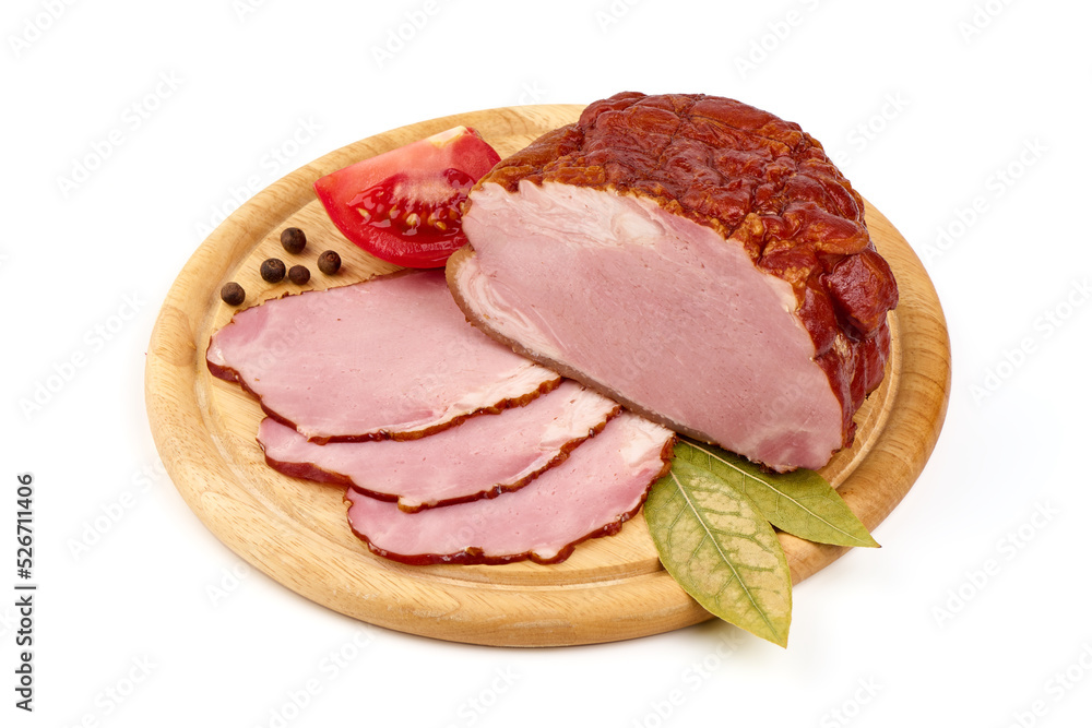 Cold smoked meat with slices, rustic style, isolated on white background. Cold smoked meat with slices, rustic style, isolated on white background.